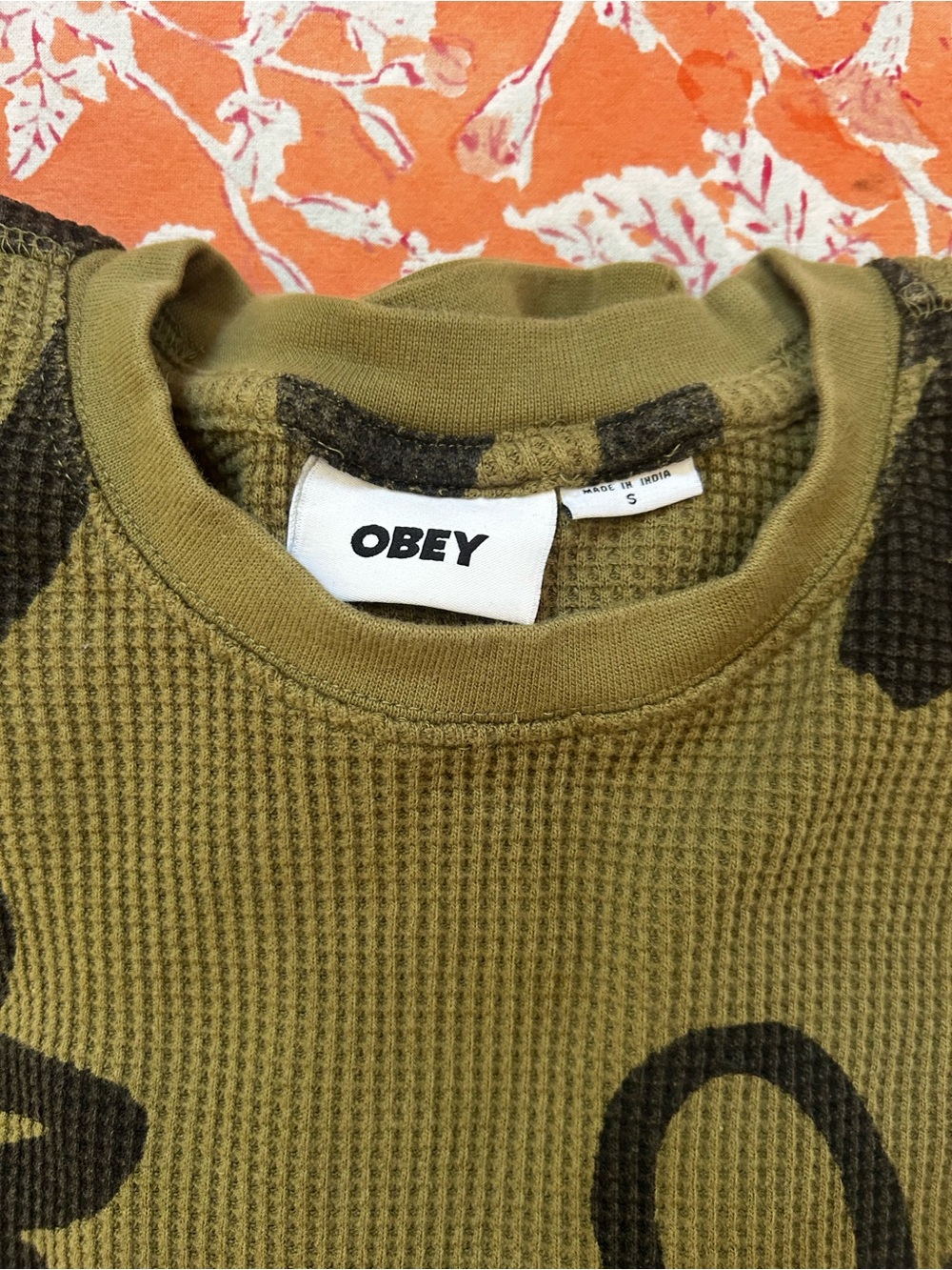 Obey Men's Olive Green Waffle Crewneck with Black Print